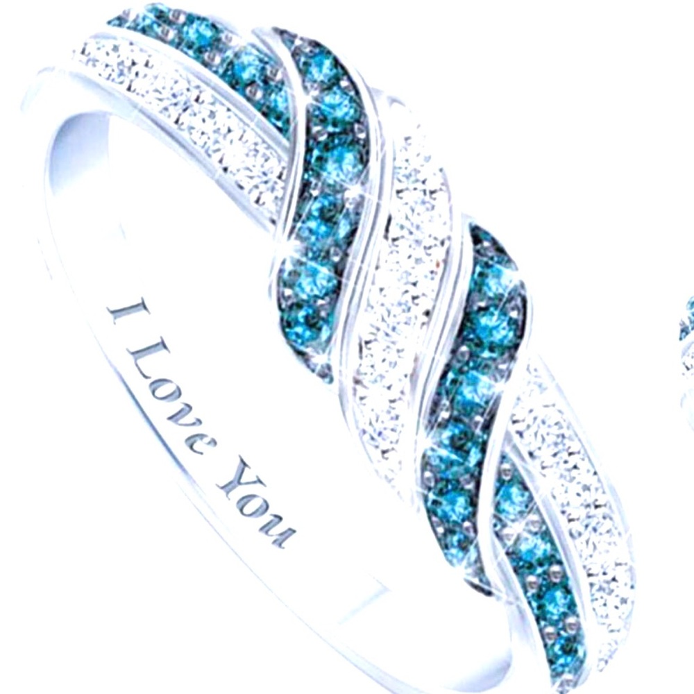 Elegant Silver and Blue Crystal Ring. New I love you engraved .
